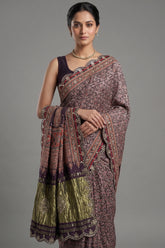 Dark Blue Modal Silk Ajrakh Printed Saree with Applique and Gota Work - blue silk saree