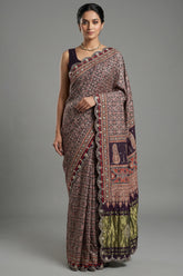 Dark Blue Modal Silk Ajrakh Printed Saree with Applique and Gota Work - blue silk saree