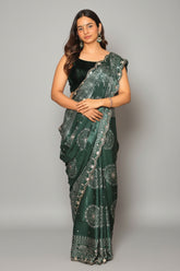 Green Modal Silk Ajrakh Printed Saree with Applique and Gota Work - green silk saree