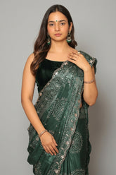 Green Modal Silk Ajrakh Printed Saree with Applique and Gota Work - green silk saree