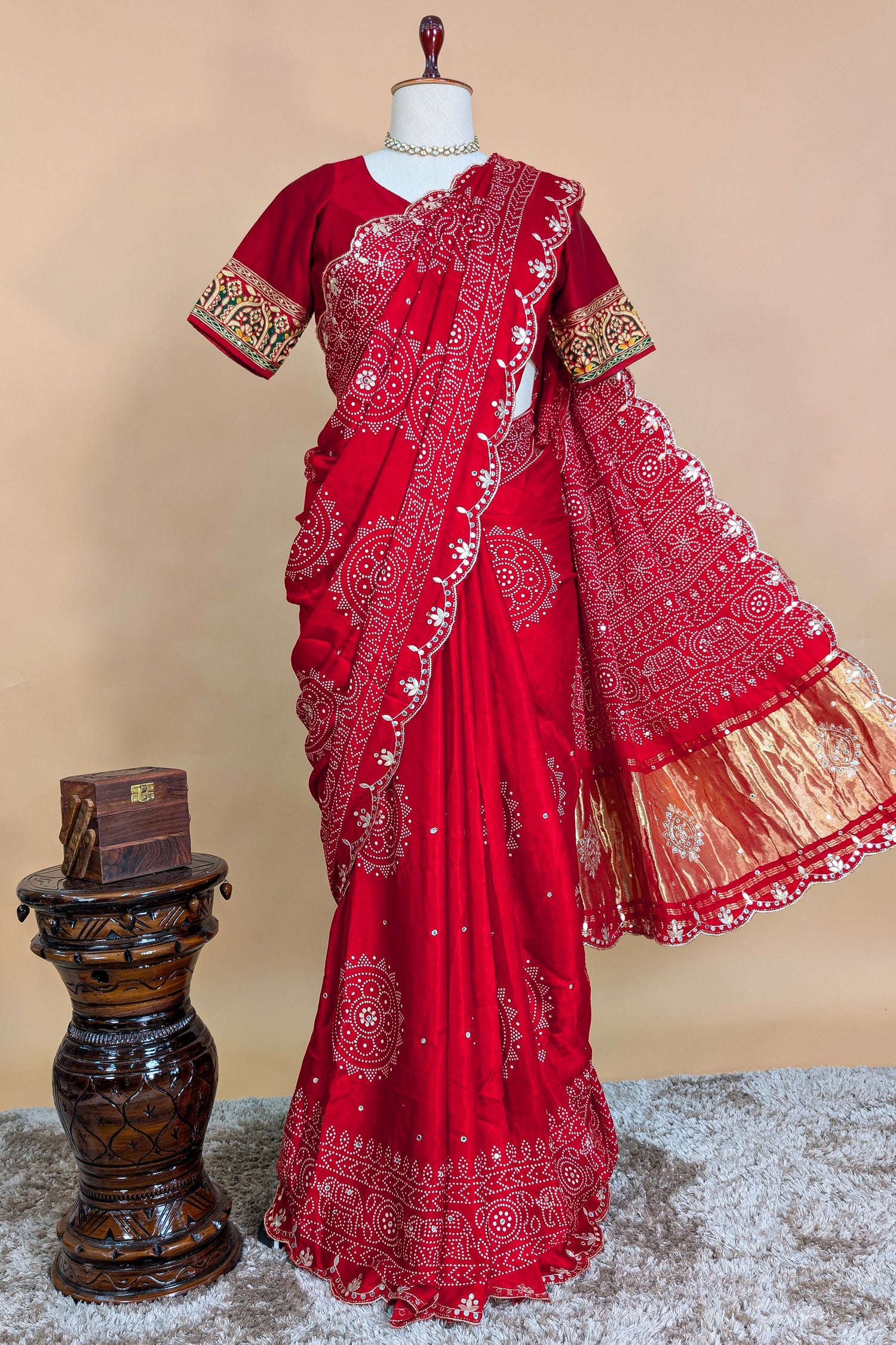 Red Modal Silk Ajrakh Printed Saree with Applique and Gota Work - red silk saree
