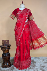 Red Modal Silk Ajrakh Printed Saree with Applique and Gota Work