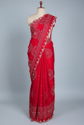 Red Modal Silk Ajrakh Printed Saree with Applique and Gota Work - red silk saree