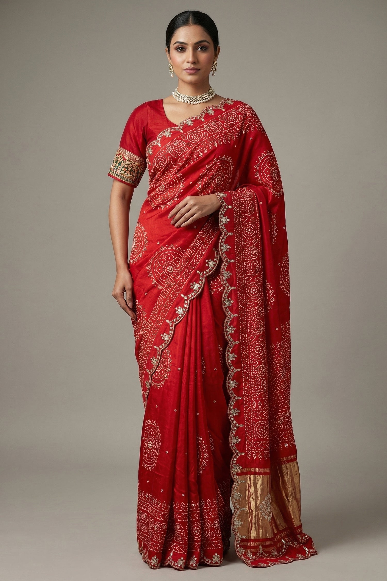 Red Modal Silk Ajrakh Printed Saree with Applique and Gota Work - red silk saree
