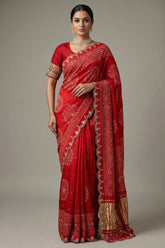 Red Modal Silk Ajrakh Printed Saree with Applique and Gota Work - red silk saree