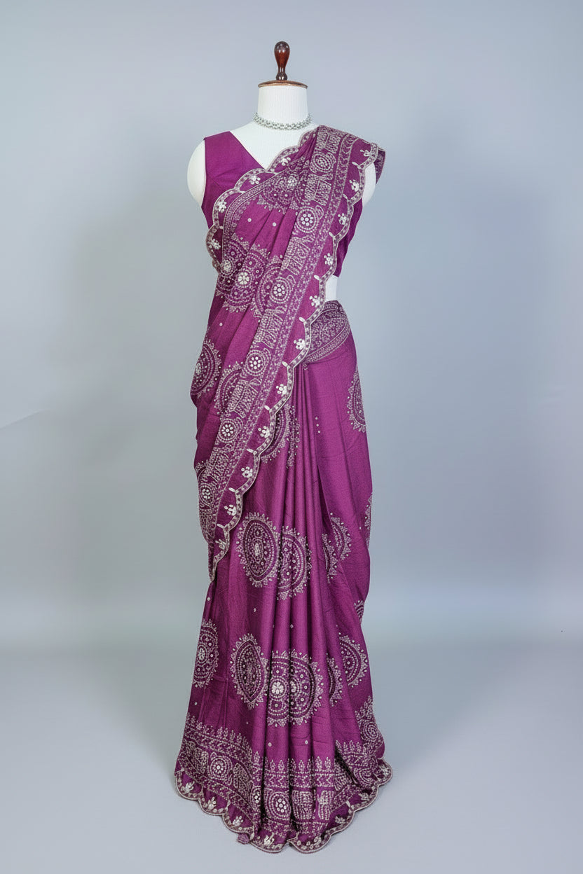 Mauve Modal Silk Ajrakh Printed Saree with Applique and Gota Work - silk saree