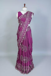 Mauve Modal Silk Ajrakh Printed Saree with Applique and Gota Work - silk saree