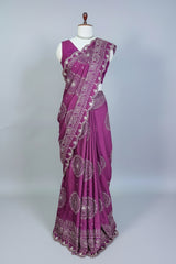 Mauve Modal Silk Ajrakh Printed Saree with Applique and Gota Work - silk saree