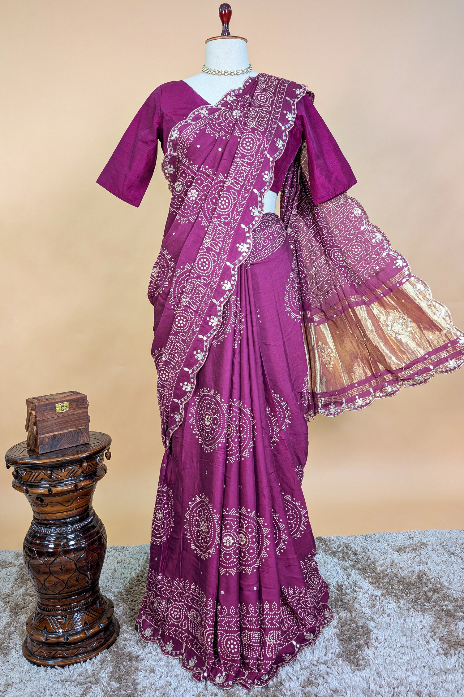 Mauve Modal Silk Ajrakh Printed Saree with Applique and Gota Work - silk saree
