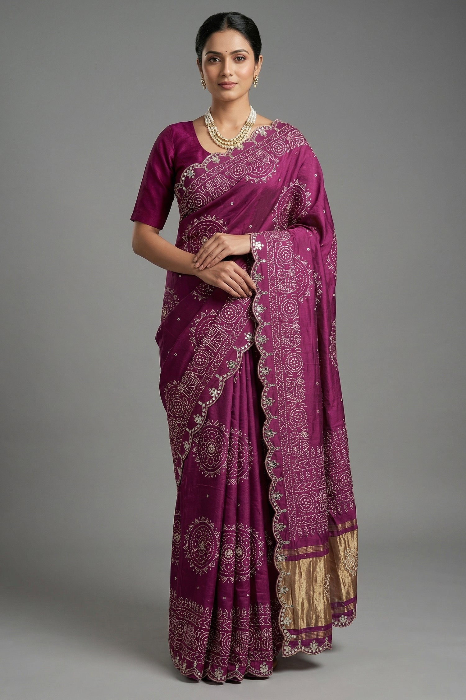 Mauve Modal Silk Ajrakh Printed Saree with Applique and Gota Work - silk saree