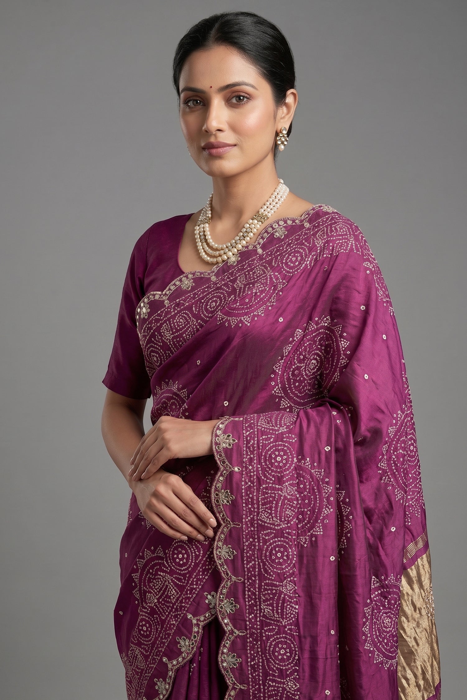 Mauve Modal Silk Ajrakh Printed Saree with Applique and Gota Work - silk saree