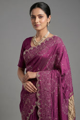 Mauve Modal Silk Ajrakh Printed Saree with Applique and Gota Work - silk saree