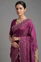 Mauve Modal Silk Ajrakh Printed Saree with Applique and Gota Work - silk saree