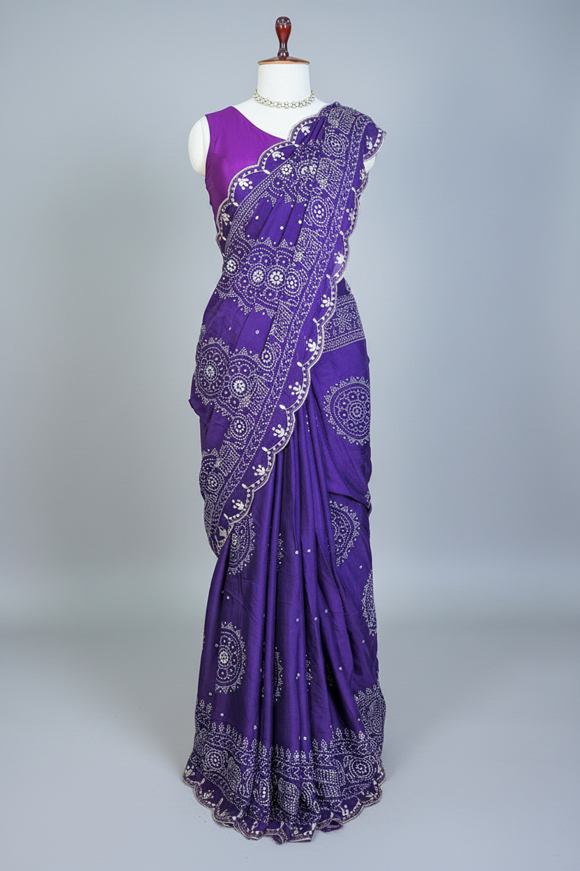 Purple Modal Silk Ajrakh Printed Saree with Applique and Gota Work - purple silk saree