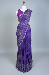 Purple Modal Silk Ajrakh Printed Saree with Applique and Gota Work - purple silk saree