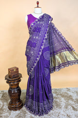 Purple Modal Silk Ajrakh Printed Saree with Applique and Gota Work