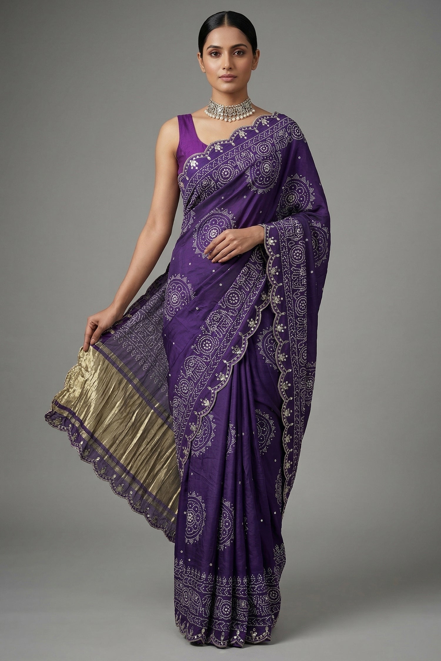 Purple Modal Silk Ajrakh Printed Saree with Applique and Gota Work - purple silk saree