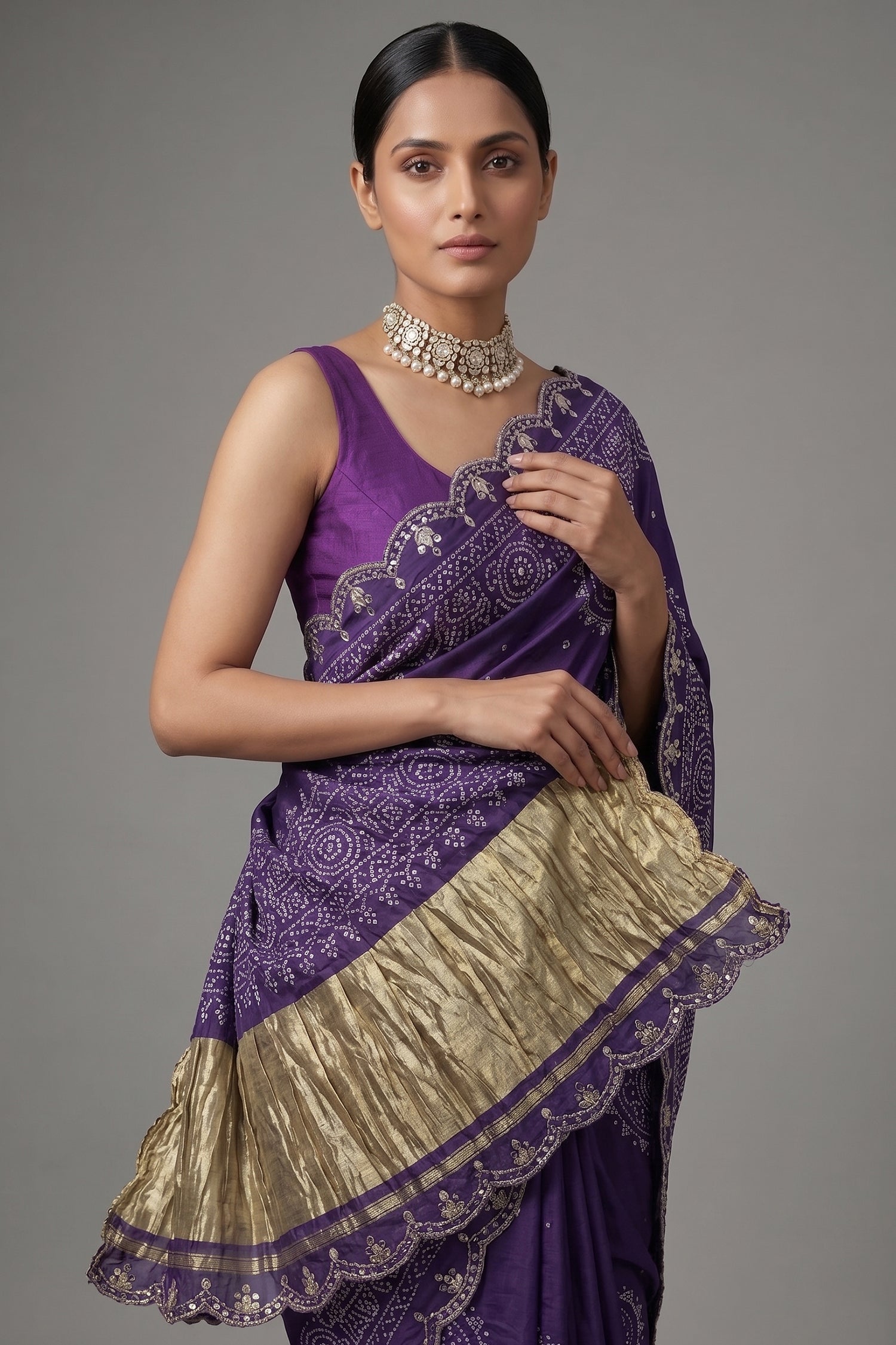 Purple Modal Silk Ajrakh Printed Saree with Applique and Gota Work - purple silk saree