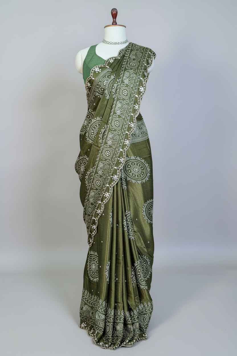 Olive Green Modal Silk Ajrakh Printed Saree with Applique and Gota Work - green silk saree