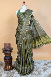 Olive Green Modal Silk Ajrakh Printed Saree with Applique and Gota Work - green silk saree