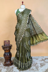 Olive Green Modal Silk Ajrakh Printed Saree with Applique and Gota Work - green silk saree