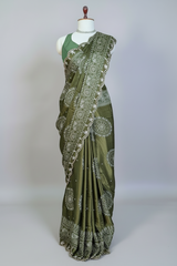Olive Green Modal Silk Ajrakh Printed Saree with Applique and Gota Work - green silk saree