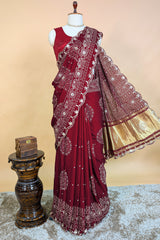 Maroon Modal Silk Ajrakh Printed Saree with Applique and Gota Work