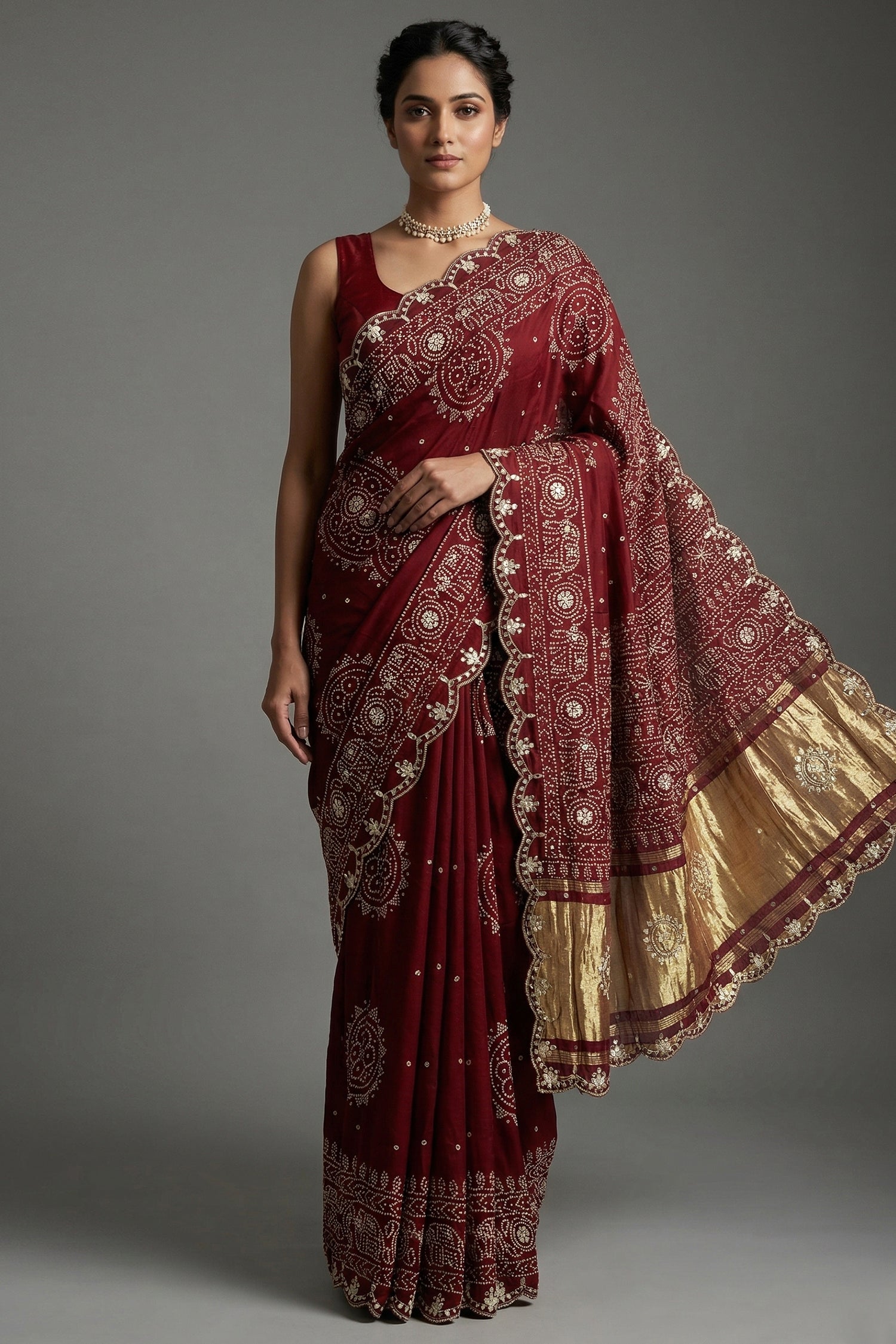Maroon Modal Silk Ajrakh Printed Saree with Applique and Gota Work - maroon silk saree