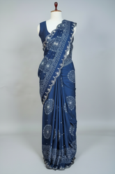 Blue Modal Silk Ajrakh Printed Saree with Applique and Gota Work - blue silk saree