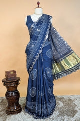 Blue Modal Silk Ajrakh Printed Saree with Applique and Gota Work