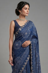 Blue Modal Silk Ajrakh Printed Saree with Applique and Gota Work - blue silk saree