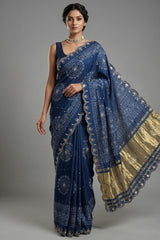 Blue Modal Silk Ajrakh Printed Saree with Applique and Gota Work - blue silk saree