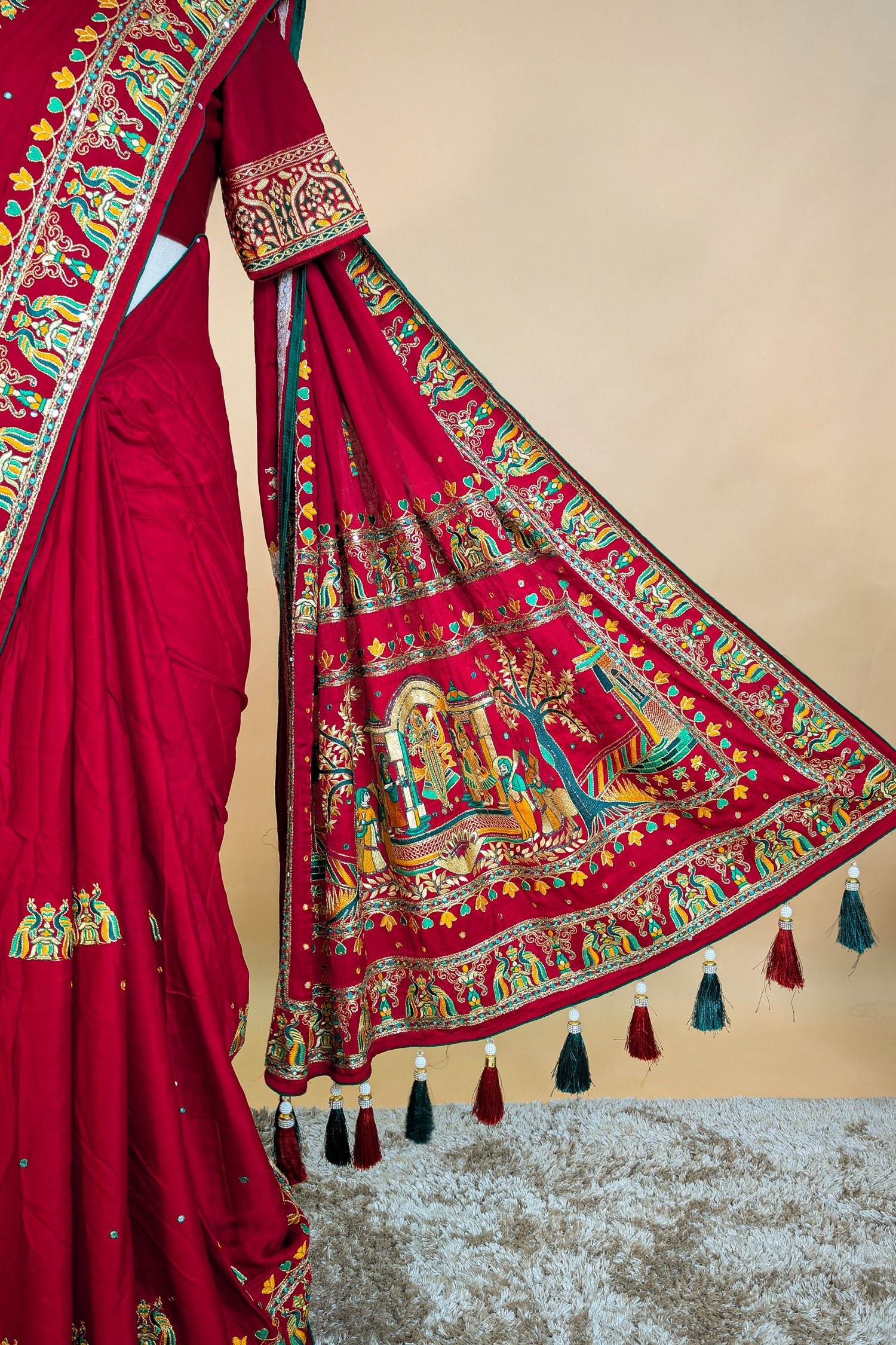 Maroon Gaji Silk Traditional Gharchola Saree with Tassles - maroon silk saree