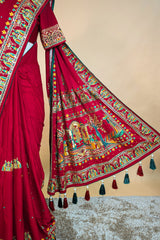 Maroon Gaji Silk Traditional Gharchola Saree with Tassles - maroon silk saree