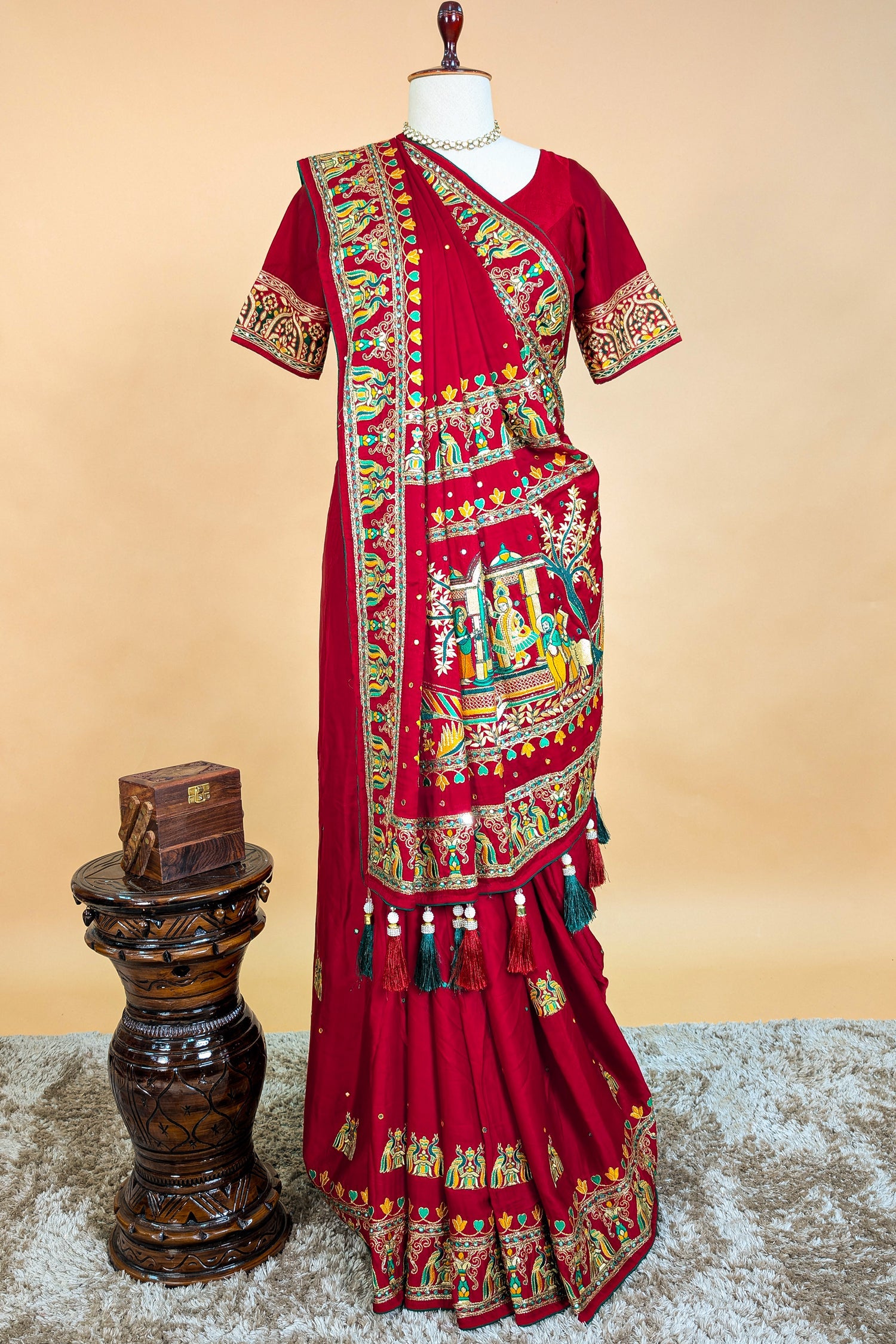 Maroon Gaji Silk Traditional Gharchola Saree with Tassles - maroon silk saree