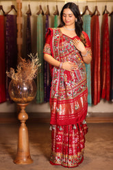 Maroon Gaji Silk Traditional Gharchola Saree with Embroidery and Peacock and Elephant Motif - maroon silk saree embroidery