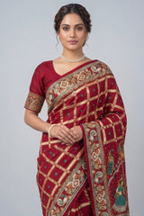 Maroon Gaji Silk Traditional Checks Gharchola Saree with Heavy Embroidered Pallu - red silk saree embroidered