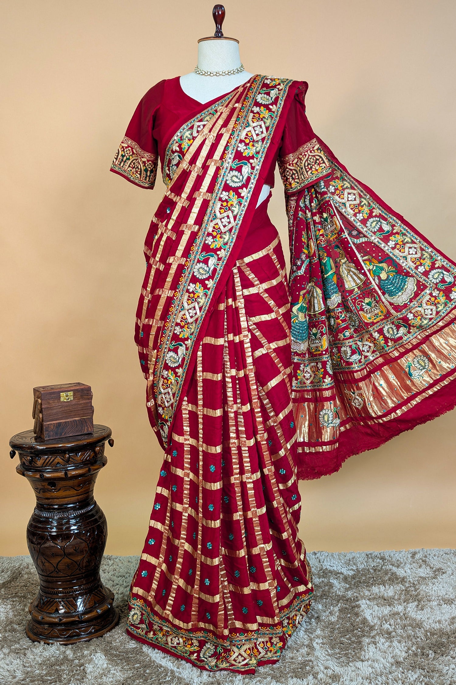 Maroon Gaji Silk Traditional Checks Gharchola Saree with Heavy Embroidered Pallu - red silk saree embroidered