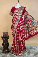 Maroon Gaji Silk Traditional Checks Gharchola Saree with Heavy Embroidered Pallu - red silk saree embroidered