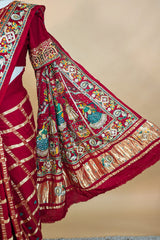 Maroon Gaji Silk Traditional Checks Gharchola Saree with Heavy Embroidered Pallu - red silk saree embroidered