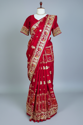 Maroon Gaji Silk Traditional Bandhej Checks Gharchola Saree with Embroidery and Peacock Motif - maroon silk saree bandhej