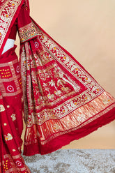 Maroon Gaji Silk Traditional Bandhej Checks Gharchola Saree with Embroidery and Peacock Motif - maroon silk saree bandhej