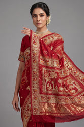 Maroon Gaji Silk Traditional Bandhej Checks Gharchola Saree with Embroidery and Peacock Motif - maroon silk saree bandhej