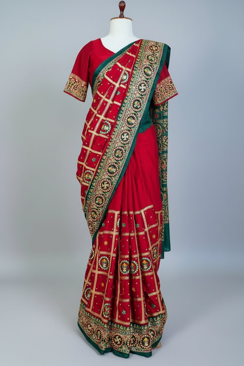 Maroon Gaji Silk Swastik Motif Traditional Gharchola Saree with Embroidery - maroon silk saree embroidery
