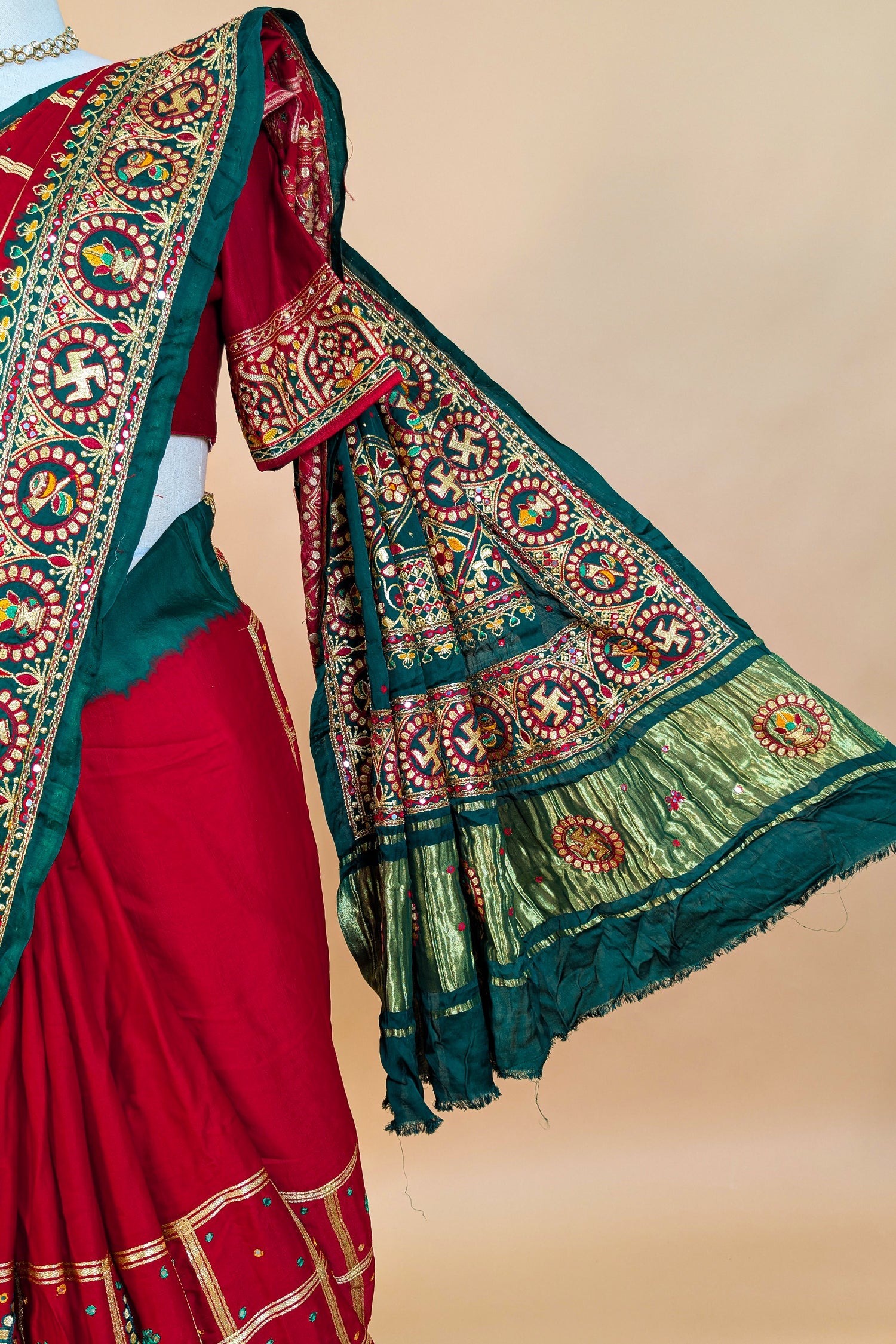 Maroon Gaji Silk Swastik Motif Traditional Gharchola Saree with Embroidery - maroon silk saree embroidery