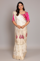 Pearl Whtie Dola Silk Woven Saree with Bead Cutdana Work and Readymade Blouse