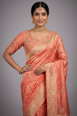 Peach Tissue Silk Woven Saree with Handwork Readymade Blouse - peach silk saree