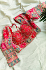 Pink Tissue Silk Woven Saree with Full Sleeved Handworked Readymade Blouse