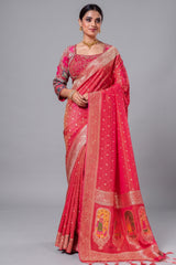Pink Tissue Silk Woven Saree with Full Sleeved Handworked Readymade Blouse - pink silk saree