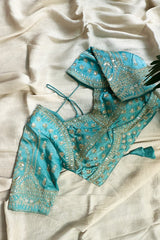 Light Blue Dola Silk Woven Saree with Handworked Readymade Blouse